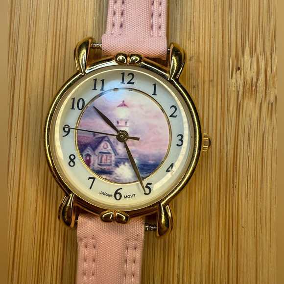 Thomas Kinkade Accessories - Thomas Kinkade Lighthouse Art Watch Pink Strap Gold Tone Cottagecore